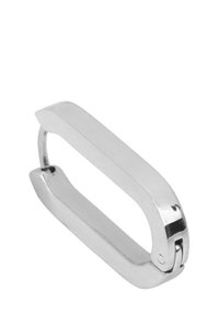 Mosqueton en acier inoxydable, forme rectangulaire, finition polie, avec un mécanisme de charnière et des coins arrondis pour une fixation sécurisée.