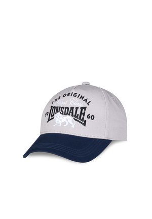Siva in temno modra baseball kapa z vezenim napisom "The Original Lonsdale 1960" in levjim logotipom spredaj.