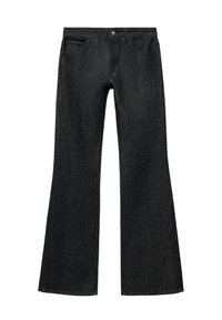 Zwarte flared jeans van denim, met een sluiting aan de voorkant en vier zakken. De stof heeft een zachte textuur met subtiele stiksels.