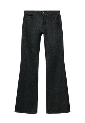 Schwarze Schlagjeans aus Denim, mit einem Knopfverschluss vorne und vier Taschen. Der Stoff hat eine glatte Textur mit feinen Nähten.