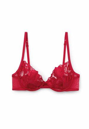 Soutien-gorge rouge avec un design floral en dentelle, tissu transparent, support avec armatures, bretelles réglables et fermeture à crochets au dos. Texture et détails délicats.