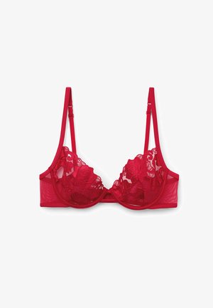 Roter BH mit Spitzenblumendesign, transparenter Stoff, Unterstützung durch Bügel, verstellbare Träger und Hakenverschluss auf der Rückseite. Zarte Textur und Details.