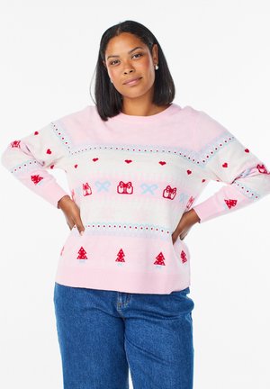 Ružový pletený sveter s opakujúcim sa vzorom červených srdiečok, darčekov a vianočných stromčekov. Štruktúrované rebrované manžety a lem. Klasický okrúhly výstrih.