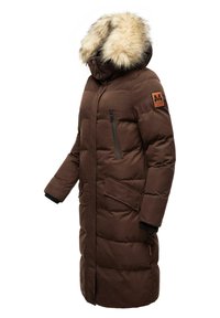 Brown puffer coat with a fur-lined hood, two zippered front pockets, and ribbed black cuffs. Features a logo patch on the sleeve.