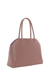 Różowa plastikowa torebka z dwiema długimi rączkami, o usystematyzowanej konstrukcji i zamykana na zamek. Na przodzie znajduje się małe logo.