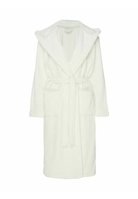 White terry cloth bathrobe with a shawl collar, tie belt, and two front pockets. The texture features a subtle ribbed pattern.