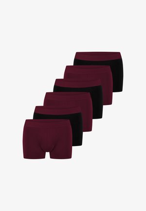 Set aus sechs Boxer-Shorts in Dunkelbordeaux und Schwarz. Weiche Baumwollmischung, elastischer Bund, körpernahe Passform, mit vorderer Tasche bei den bordeauxfarbenen Modellen.