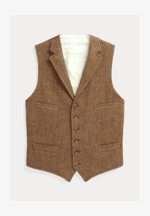 Rudas žirnio kaulo rašto liemenė su šoniniais atlapais, penkiais sagų užsegimais ir dviem priekinėmis kišenėmis; vidus pamuštas šviesia medžiaga.