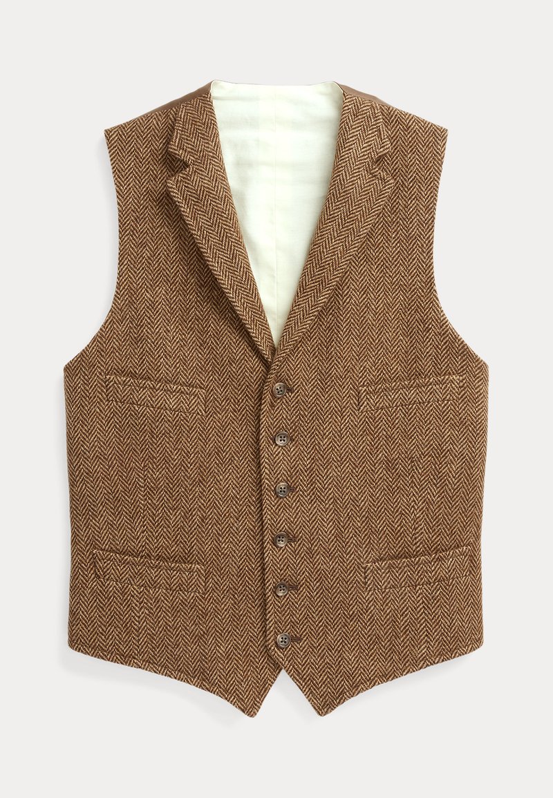 Gilet en chevrons marron avec un col cranté, cinq boutons, et deux poches avant ; intérieur doublé d'un tissu léger.