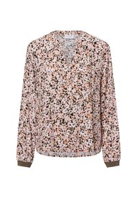 Langdrakige blouse met een bloemenpatroon in roze, wit en bruintinten, met een v-halslijn en contrasterende manchetten. Gemaakt van lichte stof.