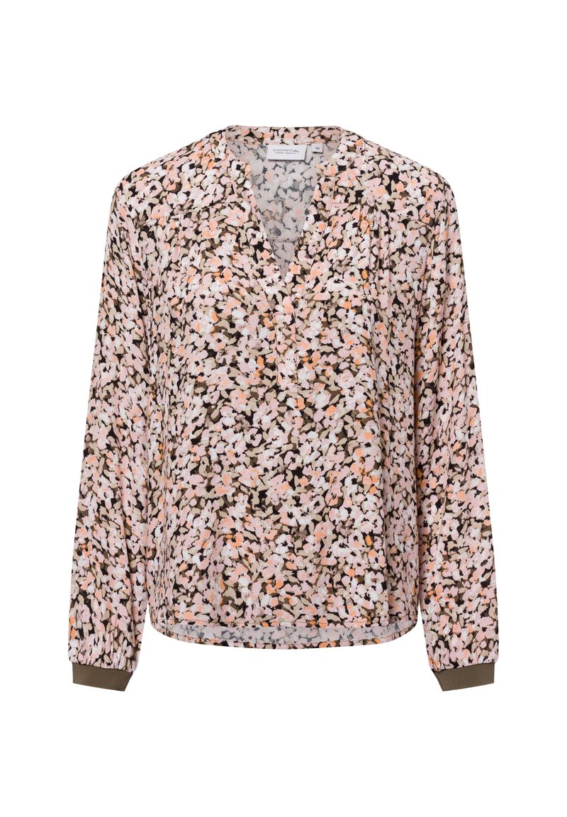 Langdrakige blouse met een bloemenpatroon in roze, wit en bruintinten, met een v-halslijn en contrasterende manchetten. Gemaakt van lichte stof.