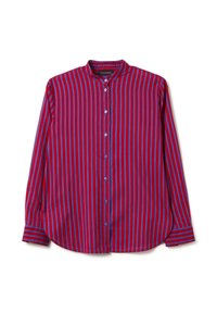 Rood en paarse gestreepte blouse met een Mandarin-kraag, lange mouwen en een afgeronde zoom; heeft blauwe knopen aan de voorkant.