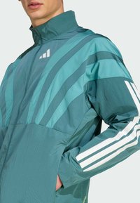 Teal jakna s vjetrom, s prugastim dizajnom, polu-zatvorenim ovratnikom i tri bijele pruge na lijevoj rukavu. Izrađena je od laganog, teksturiranog materijala.
