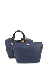 Donkerblauwe leren handtas met een textuurafwerking. Bevat twee handvatten, een ritscompartiment en een decoratieve sjaal die aan een handvat is geknoopt.