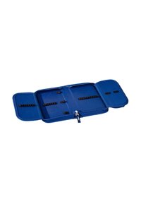 Blue zippered case with three compartments, featuring elastic straps for securing items. Made of durable fabric with a smooth texture.