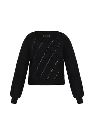 Črn krajši pulover z dolgimi rokavi, ki ima rebrasto teksturo in diagonalne okraske iz bleščic spredaj.