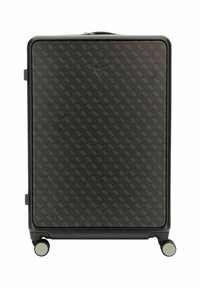Schwarzer Hartschalenkoffer mit geprägtem Muster, quadratischer Form, stabilen Griffen und glatten Rädern für einfache Mobilität.