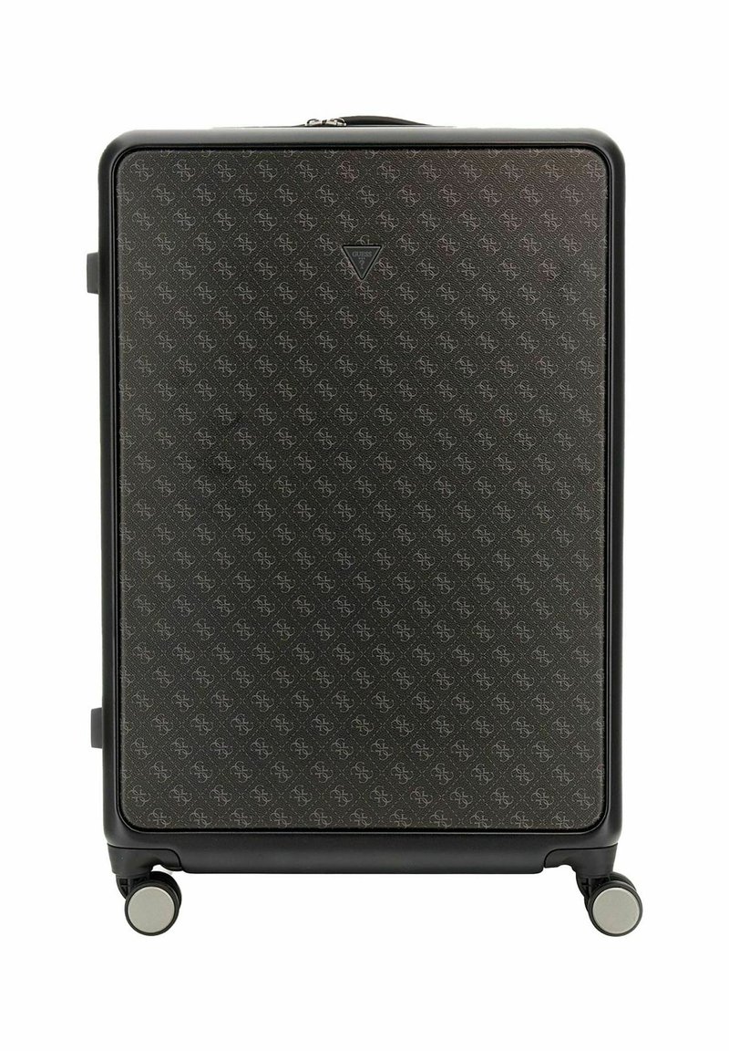 Schwarzer Hartschalenkoffer mit geprägtem Muster, quadratischer Form, stabilen Griffen und glatten Rädern für einfache Mobilität.