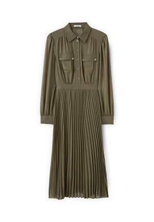 Langarmige olijfgroene jurk met knoopsluiting aan de voorkant, twee borstzakken met kleppen, een kraag en een geplooide rok.
