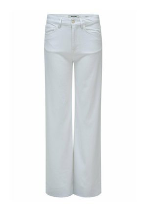 Bijele traperice širokih nogavica s visokim strukom s gumbom sprijeda, patentnim zatvaračem, petljama za remen i prednjim i stražnjim džepovima.