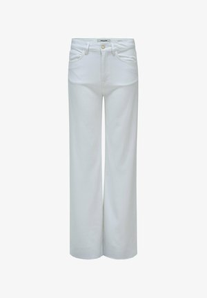 Jeans blancos de tiro alto y pierna ancha con botón frontal, cremallera, trabillas para cinturón y bolsillos delanteros y traseros.