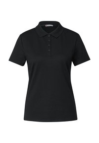 Svart polo t-shirt i bomull med krage, kort ärm och knappslå med tre knappar. Ingen mönster eller detaljer.