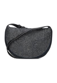 Zwarte handtas met studsontwerp, gebogen vorm en een gestructureerd oppervlak. Voorzien van een afneembare schouderriem voor veelzijdigheid.