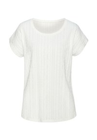 Weißes Kurzarmoberteil mit rundem Ausschnitt, das ein strukturiertes Muster aus Linien und kleinen Punkten im gesamten Stoff aufweist.