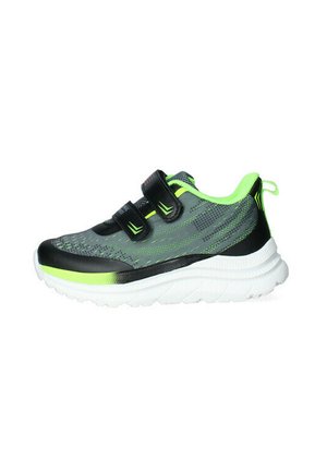 Scarpa sportiva nera e grigia con dettagli in verde neon, tomaia in rete, due cinture in velcro e una suola spessa bianca con un motivo testurizzato.
