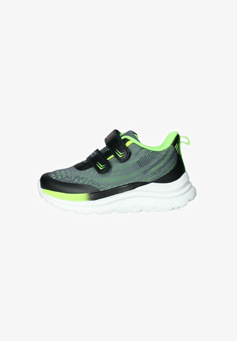 Scarpa sportiva nera e grigia con dettagli in verde neon, tomaia in rete, due cinture in velcro e una suola spessa bianca con un motivo testurizzato.