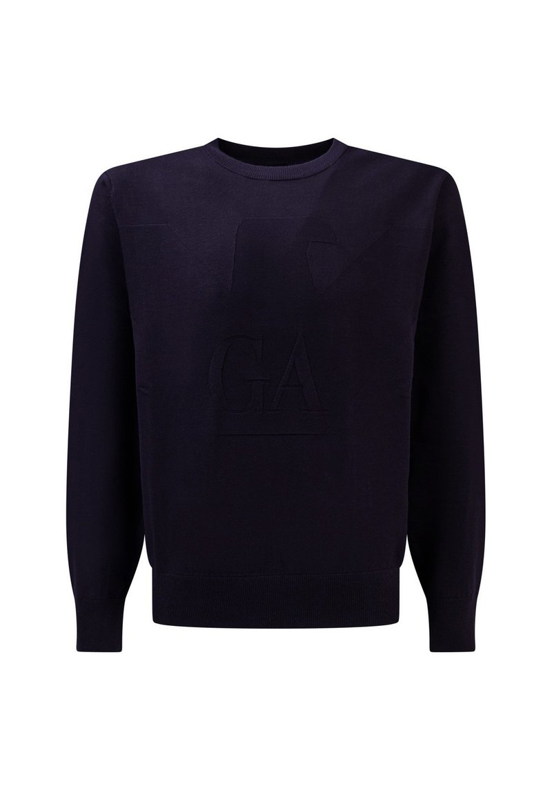Maglione lavorato a maglia blu navy con collo rotondo, caratterizzato da un logo "GA" a rilievo sul davanti e polsini e orlo a coste.