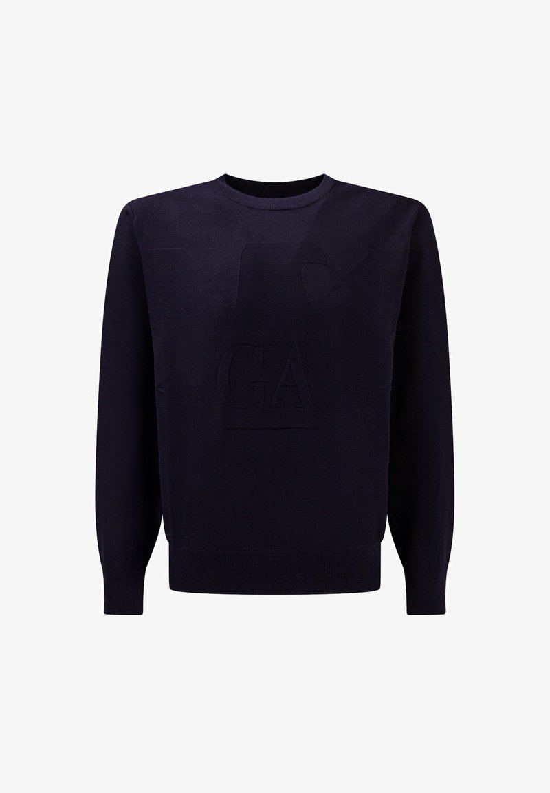 Maglione lavorato a maglia blu navy con collo rotondo, caratterizzato da un logo "GA" a rilievo sul davanti e polsini e orlo a coste.