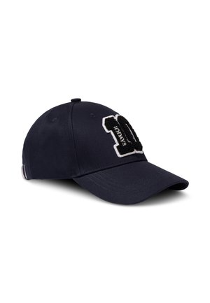 Marineblauwe baseballcap met een gebogen rand, voorzien van een fuzzy zwart-wit "10" applicatie en het woord "TODAYS" eronder. Gemaakt van katoen.