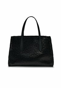 Sac tote tissé noir avec des poignées en cuir lisse, de forme rectangulaire, surface texturée, et sans quincaillerie ni embellissements visibles.