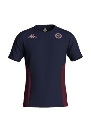 T-shirt de sport bleu marine à manches courtes avec des panneaux latéraux bordeaux, logo Kappa rose sur la poitrine droite, et blason de rugby rose sur la poitrine gauche.