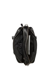 Borsa in pelle nera con chiusura a zip, dotata di un interno foderato, tasche elastiche e spazio per un laptop. Texture liscia e design strutturato.