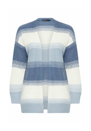 Offener, gestrickter Cardigan mit breiten horizontalen Streifen in Blau- und Weißtönen, mit langen Ärmeln und gerippten Bündchen.