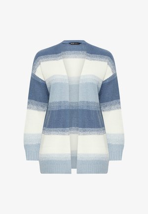 Offener, gestrickter Cardigan mit breiten horizontalen Streifen in Blau- und Weißtönen, mit langen Ärmeln und gerippten Bündchen.