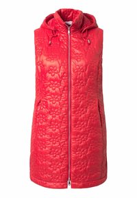 Roter gesteppter Weste mit Blumenmuster, Reißverschluss vorne und Kapuze. Verfügt über zwei seitliche Taschen und eine glatte Textur.
