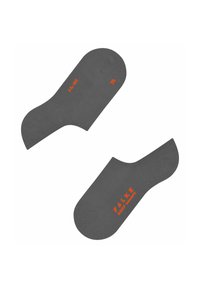 Grijze enkelsokken met oranje branding, met een gladde textuur en een laag uitgesneden ontwerp. Linker- en rechterorientatie gemarkeerd.