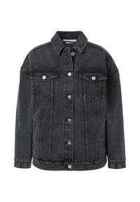 Schwarze Jeansjacke mit Knopfverschluss, zwei Brusttaschen und einem klassischen Kragen. Der Stoff hat eine strukturierte Oberfläche.