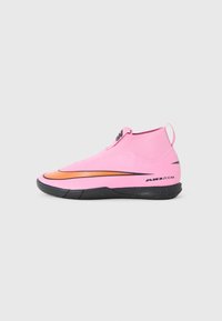 Pink athletic shoe with a high-top design, featuring a prominent orange swoosh and black sole, smooth texture, and minimalistic style.