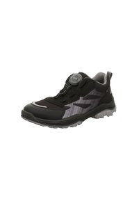 Leichtgewichtiger schwarzer und grauer Sportschuh aus Mesh und Synthetikmaterialien, mit strukturiertem Obermaterial, BOA-Schnürsystem und robustem Außensohle für Traktion.