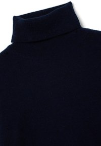 Dunkel marineblauer Strickpullover mit Rollkragen, geripptem Kragen und glatt strukturiertem Stoff vor weißem Hintergrund.