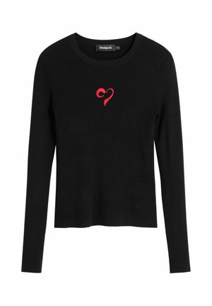 Schwarzes Langarmshirt mit gerippter Struktur, versehen mit einem roten, gestickten Herz auf der Brust. Rundhalsausschnitt, lässige Passform.