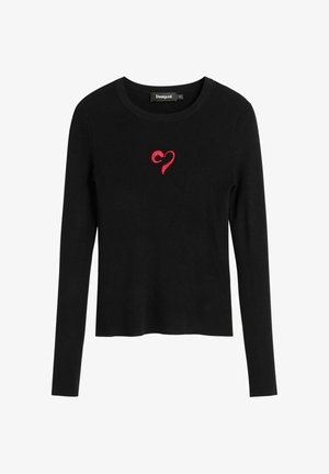 Maglia nera a maniche lunghe con texture a coste, caratterizzata da un dettaglio cuore ricamato rosso sul petto. Scollo rotondo, vestibilità casual.