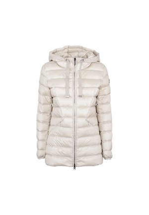 Giacca imbottita color beige chiaro, con zip frontale, cappuccio e cordini regolabili; texture trapuntata con cuciture orizzontali.