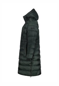 Cappotto lungo imbottito di colore verde scuro, dotato di cappuccio, design trapuntato, tasche con zip e polsini elasticizzati per una maggiore calore e vestibilità.