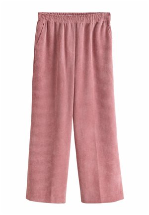 Roze corduroy wijde broek met een elastische tailleband, voorzien van zijzakken en een gestructureerde, ribbelstof voor extra detail.