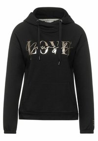 Svart hoodie i mjukt material, med en framficka i kängurustil och metallisk guldtext som säger "Yours & LOVE" över bröstet.
